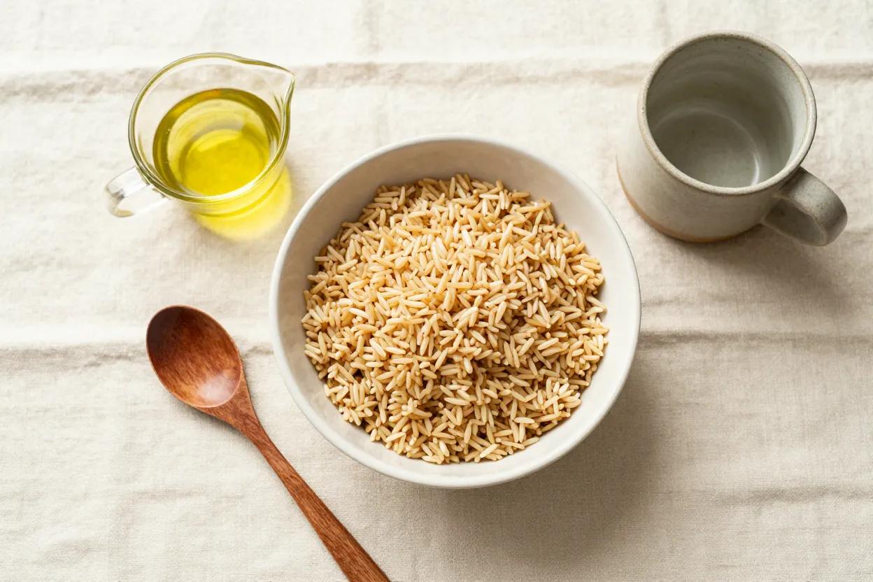Ceramic bowl of brown rice, glass measuring cup with olive oil, wooden spoon, and stoneware mug on cream linen