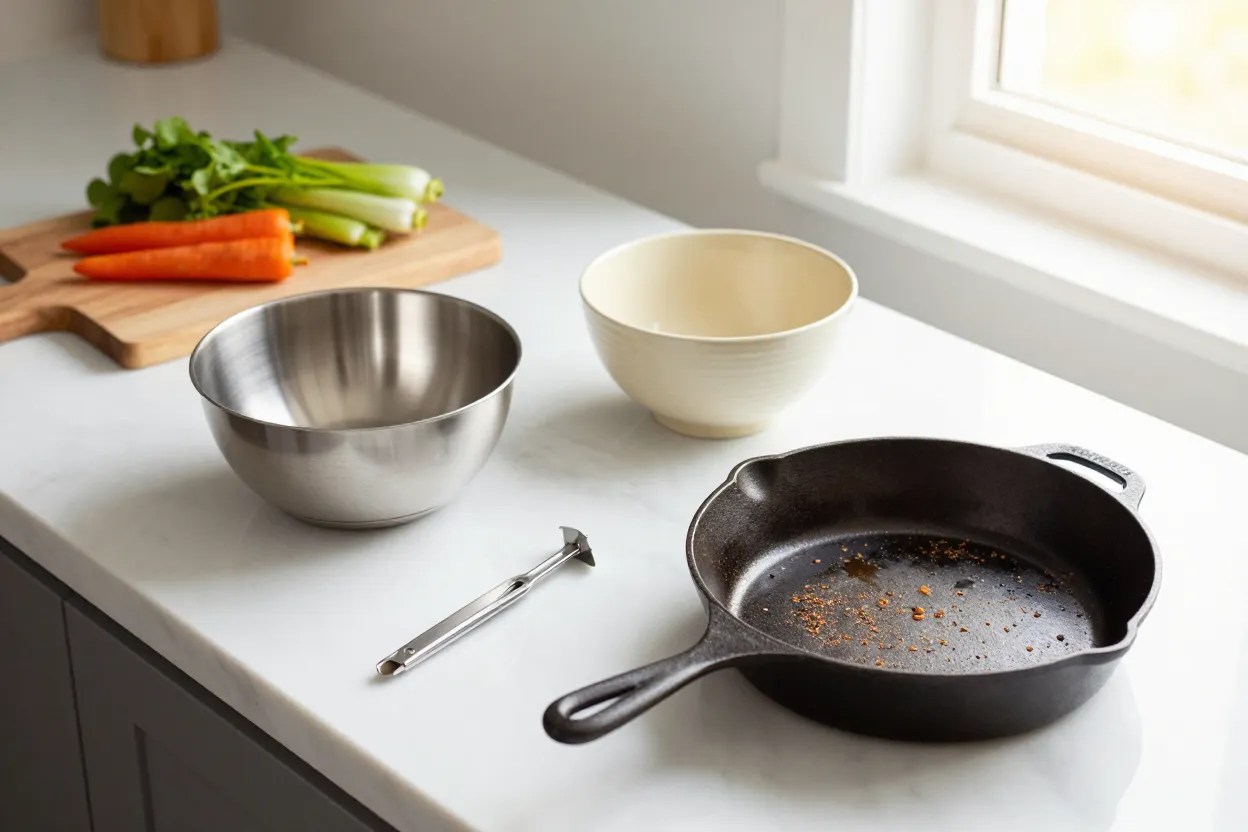 Stainless steel mixing bowl, ceramic bowl, cast iron skillet, and wooden cutting board with fresh vegetables on white marble
