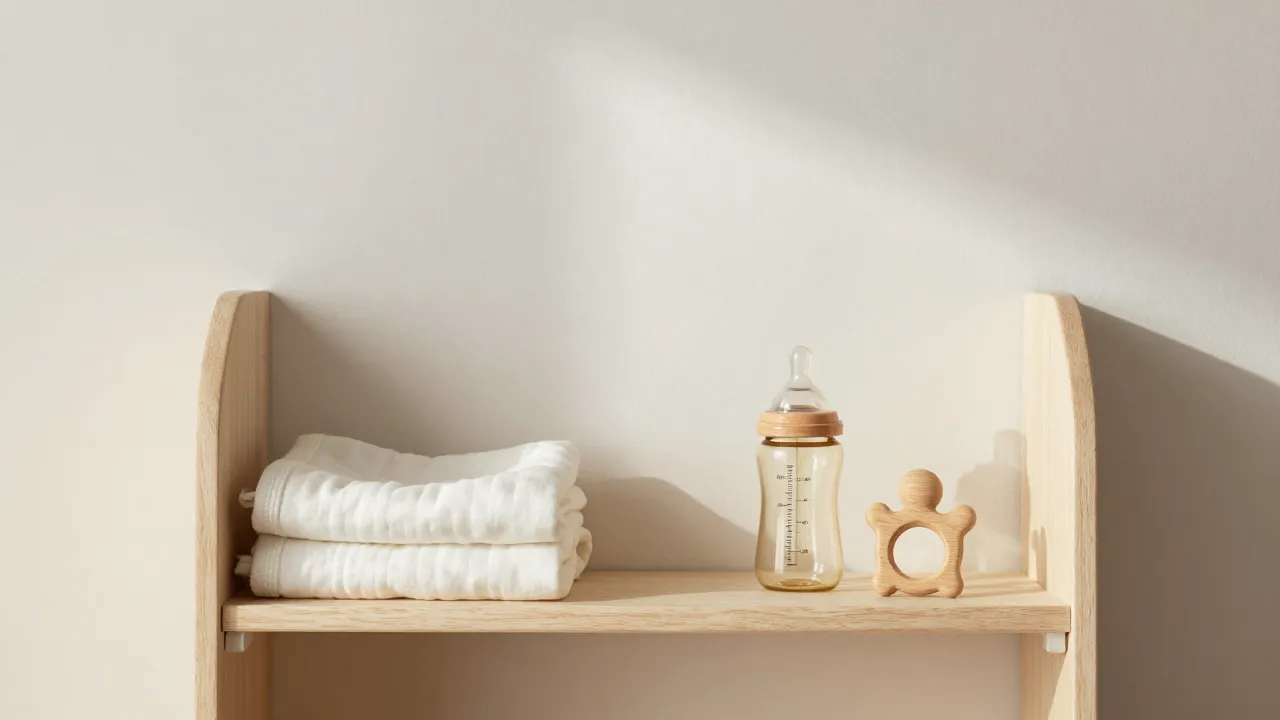 Minimalist nursery shelf with curated essentials including organic cotton blanket and natural teether