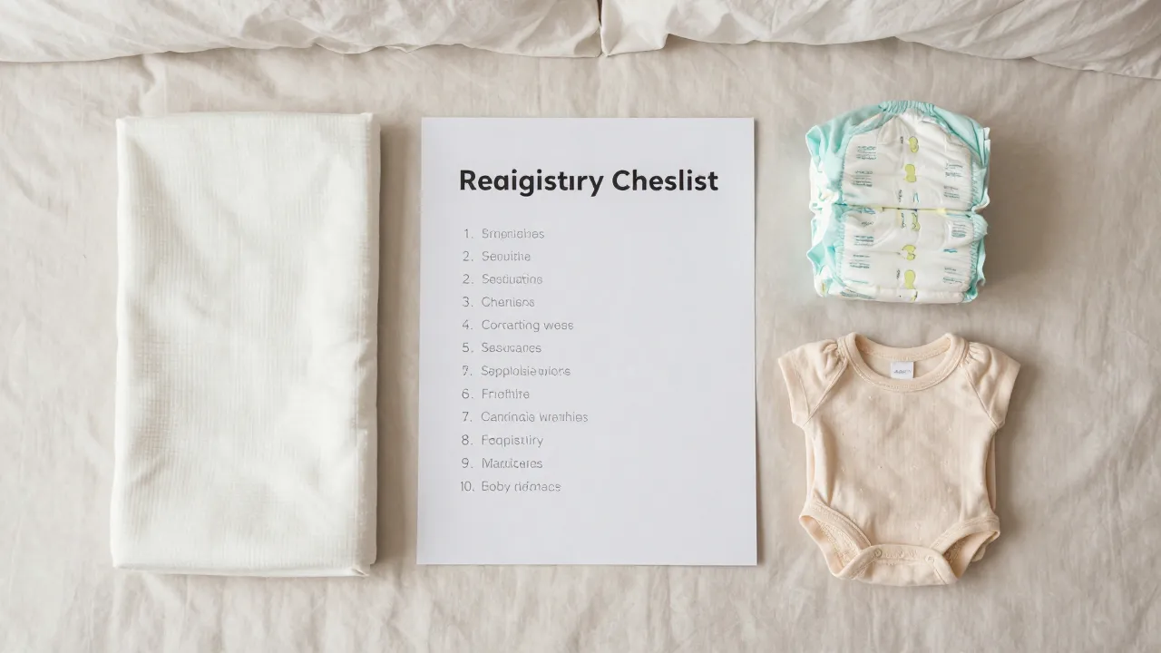 Compact minimalist baby essentials laid out on bed with carrier wrap and simple clothes