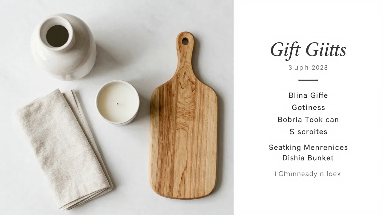 Curated minimalist wedding gifts including ceramic vase, linen napkins, candle set, and wooden serving board