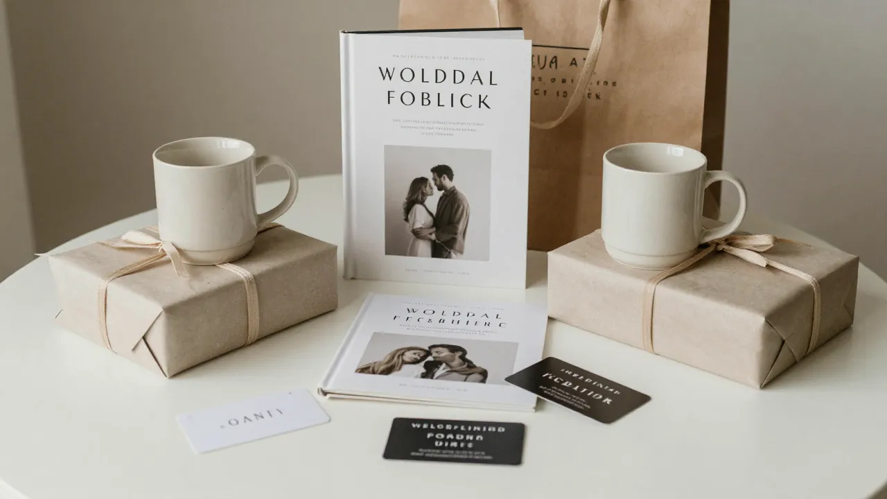 Thoughtful couples gifts including matching mugs, cookbook, and experience gift cards in minimalist wrapping