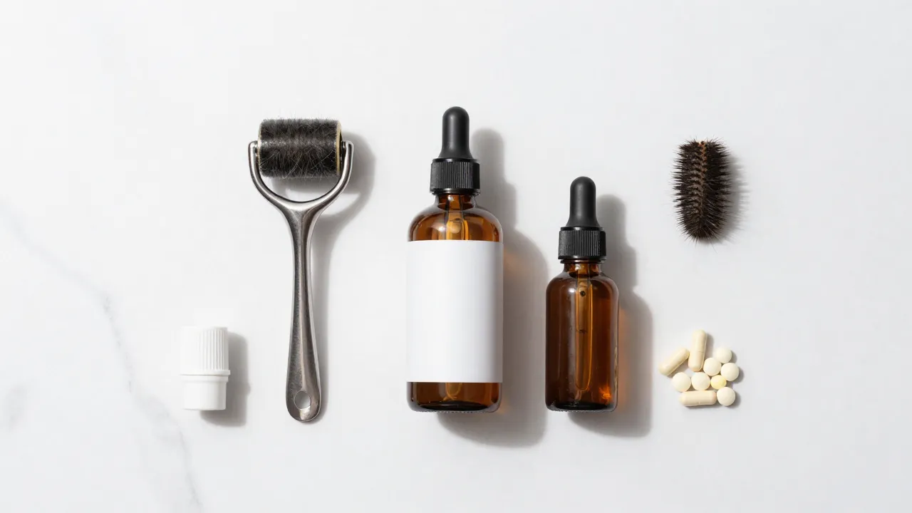 Hair loss treatment products with dermaroller, topical solution, and hair growth supplements on white marble