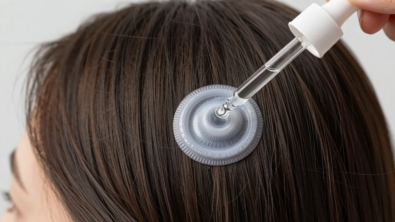 Close-up of topical minoxidil dropper and prescription bottle with healthy hair strand comparison