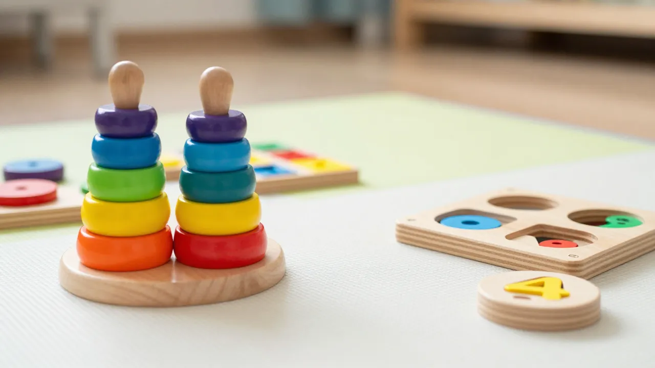 Montessori sensory toys including stacking rings, shape sorter, and wooden puzzle on play mat