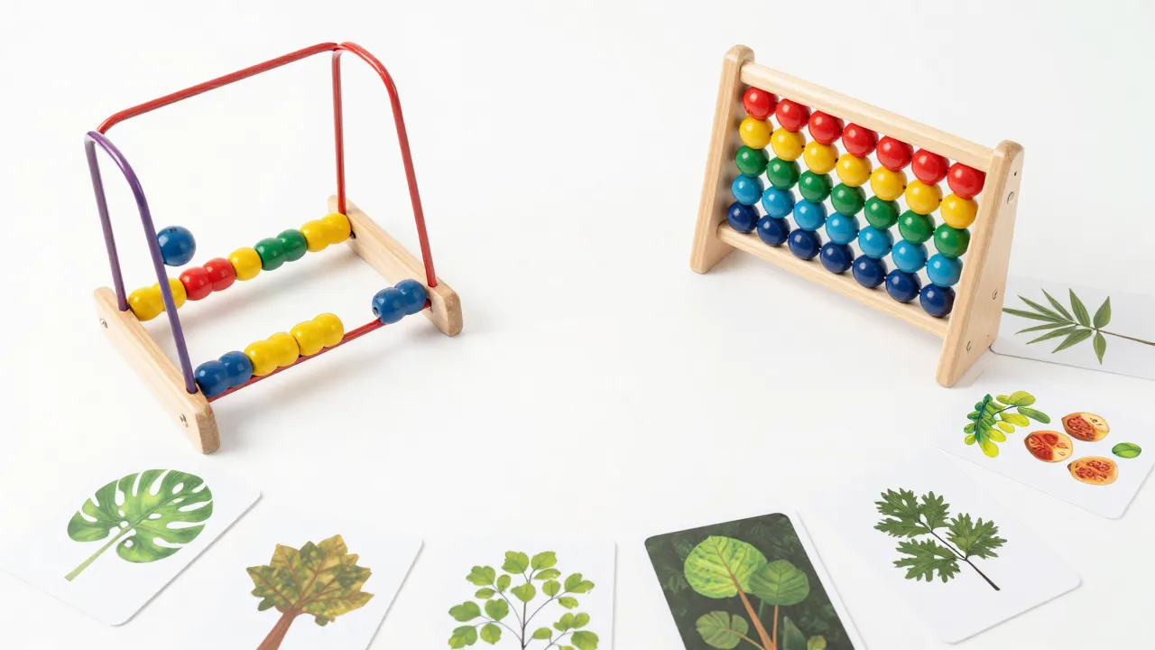Age-appropriate Montessori materials including bead maze, counting frame, and nature cards on white background