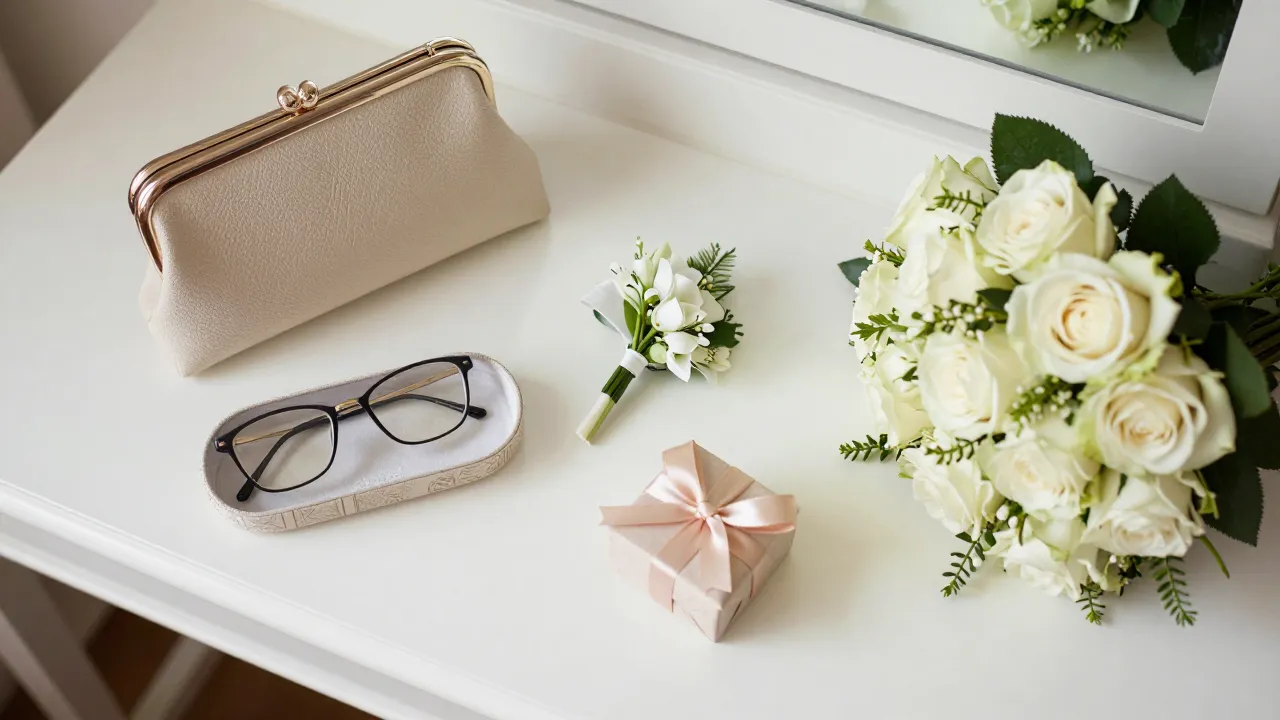 Wedding preparation moment with mother's clutch purse, corsage, reading glasses case, and garden roses on vanity