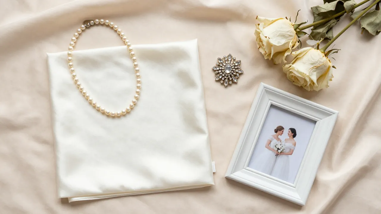 Elegant mother-of-the-bride gifts on champagne satin with pearl necklace, silk handkerchief, and crystal brooch