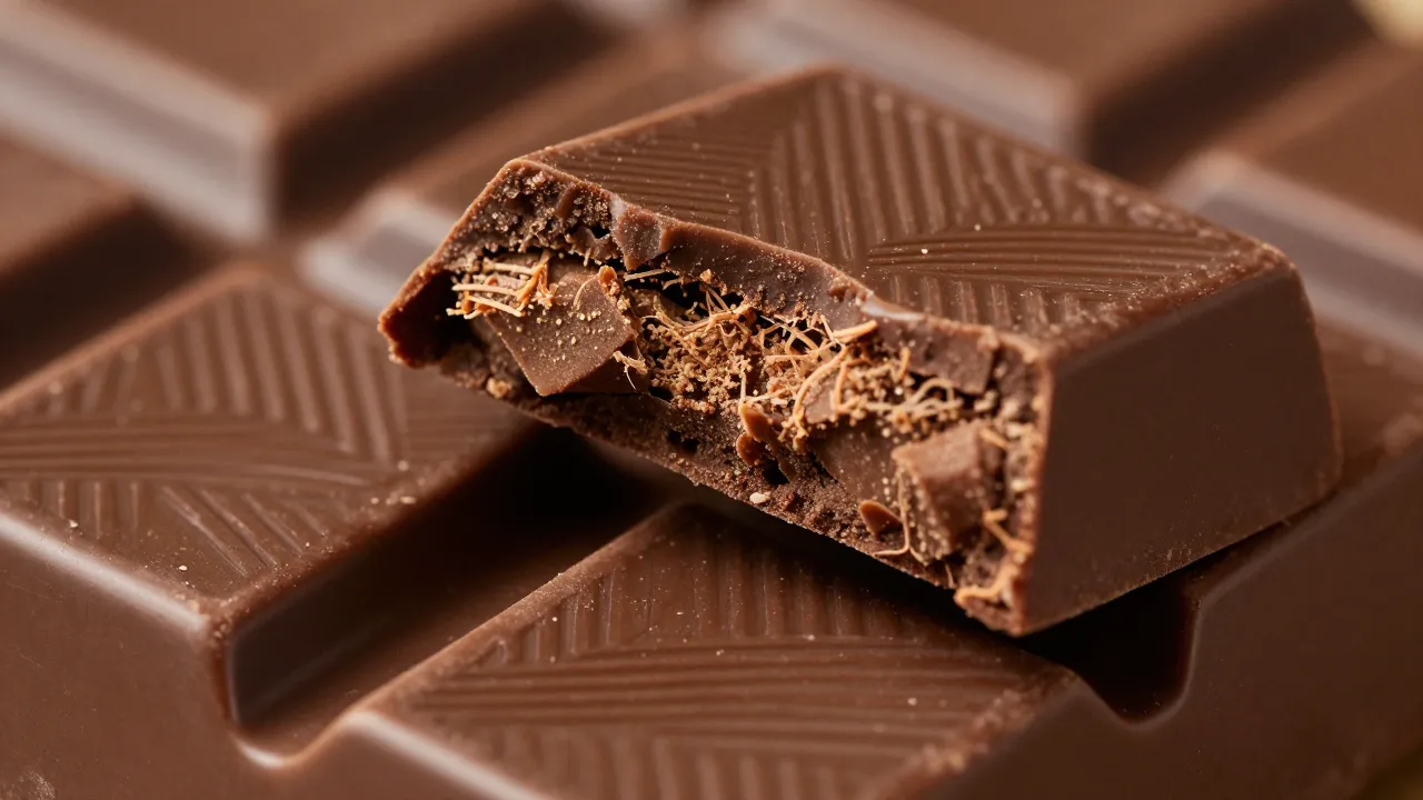Chocolate bar pieces broken apart showing texture and filling in artisan review style