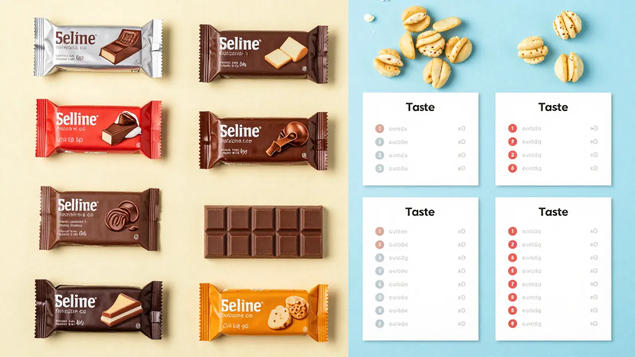 Various chocolate bar flavors and snack varieties with nutrition labels and rating cards