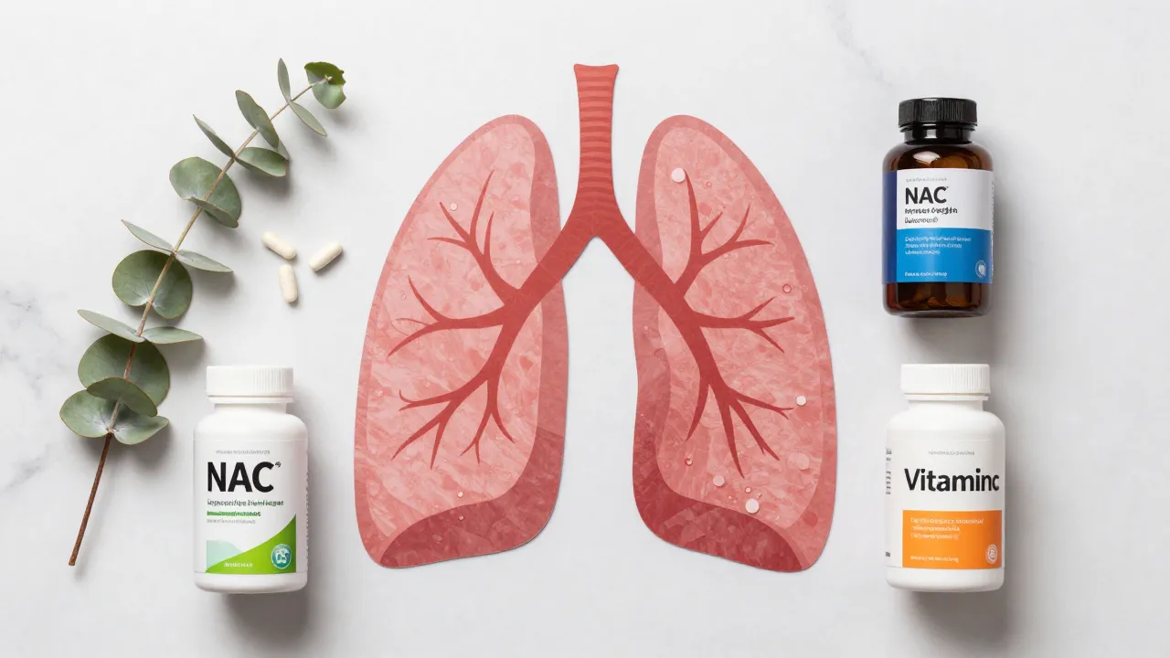 Lung and immune health supplements including NAC, quercetin, and vitamin C with eucalyptus sprigs