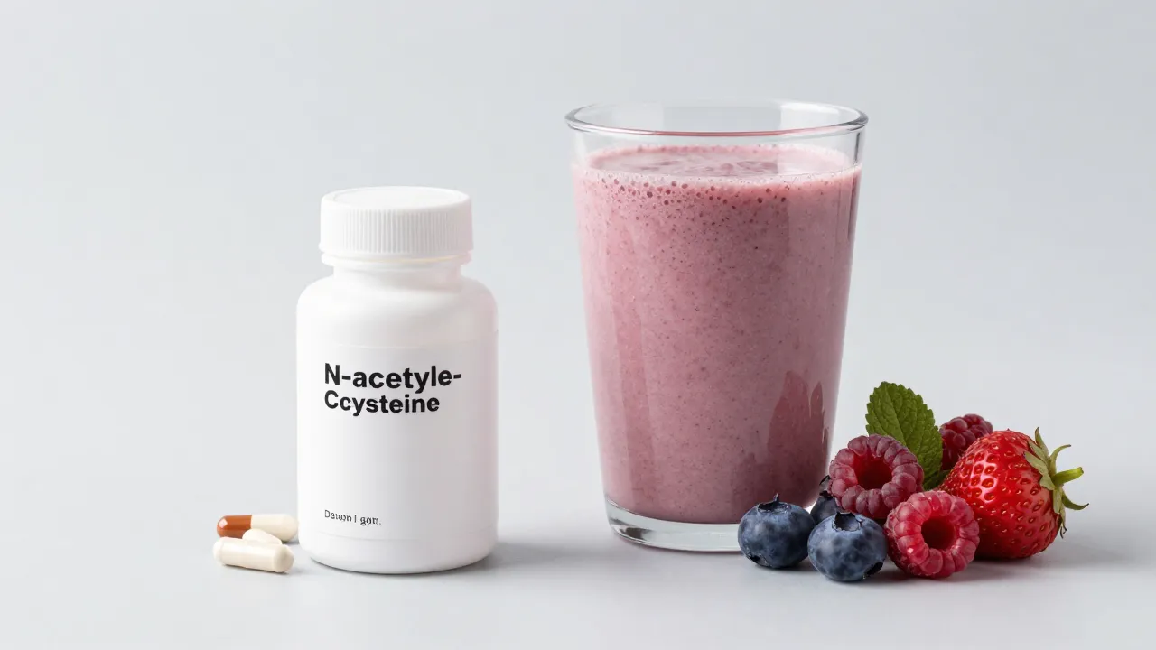 N-acetylcysteine supplement next to detox smoothie and antioxidant-rich berries