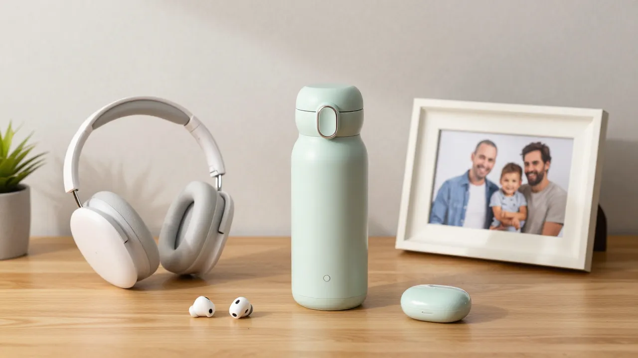 Practical dad gifts including noise-canceling earbuds, portable bottle warmer, and personalized photo frame