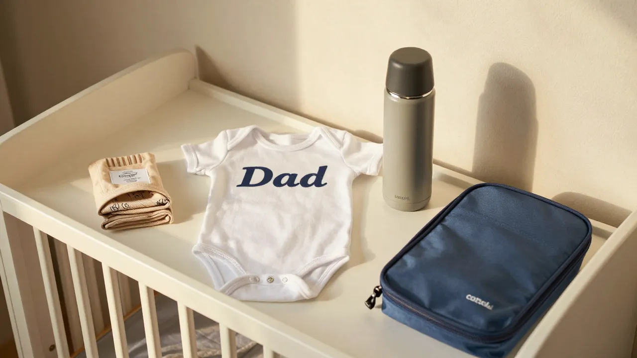 New dad essentials including baby onesie, premium thermos, and survival kit items on nursery table