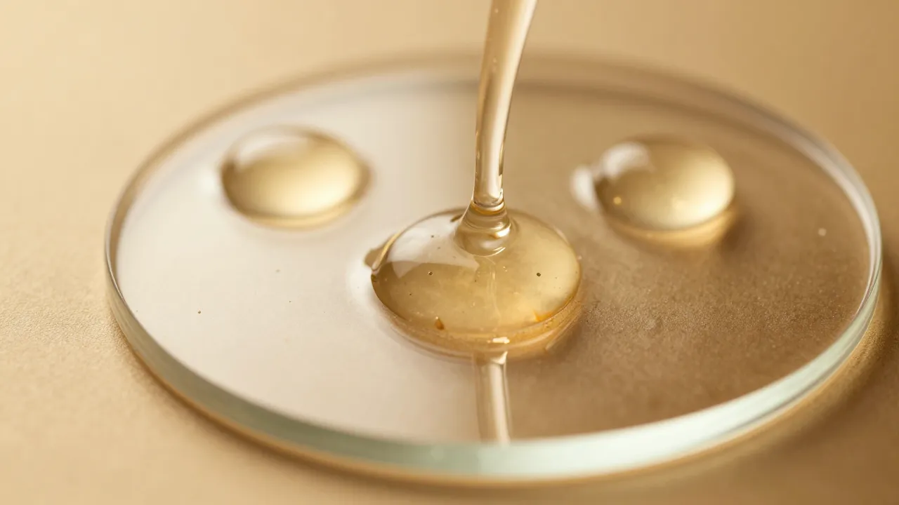 Skincare serum droplets on glass surface with vitamin C and niacinamide textures visible