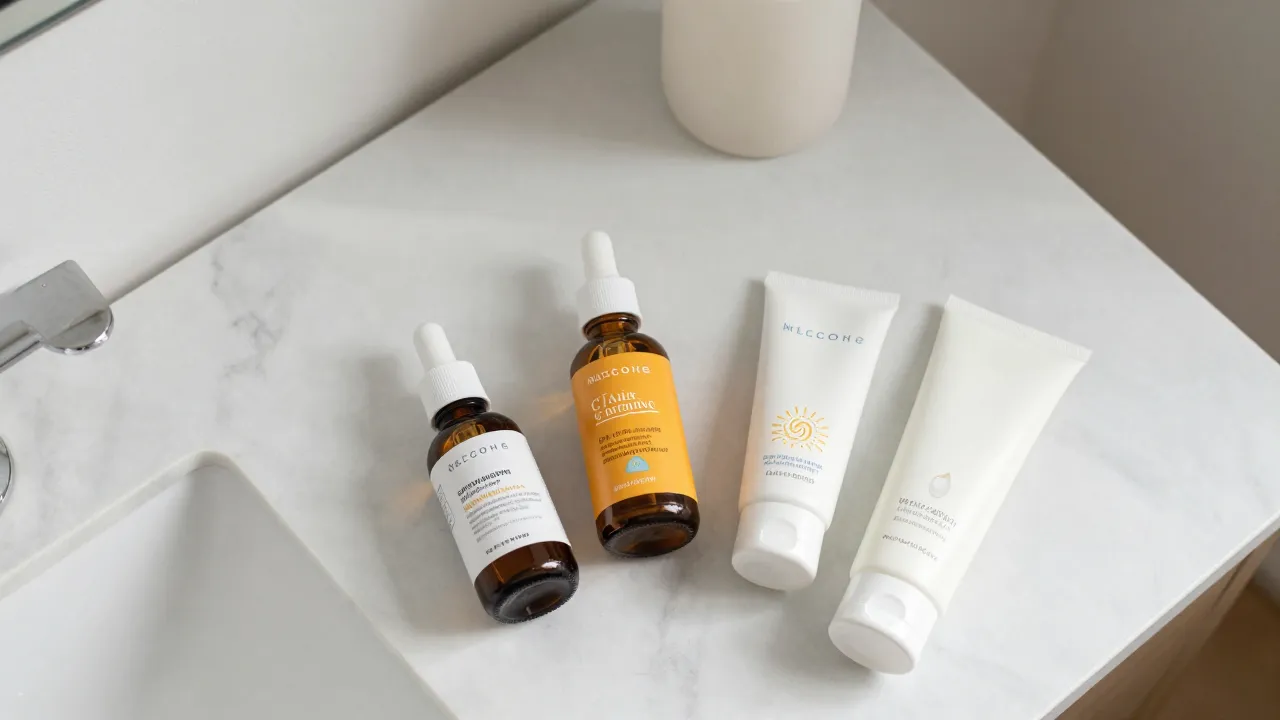 Skincare routine with niacinamide and vitamin C serums alongside SPF moisturizer and cleanser on marble