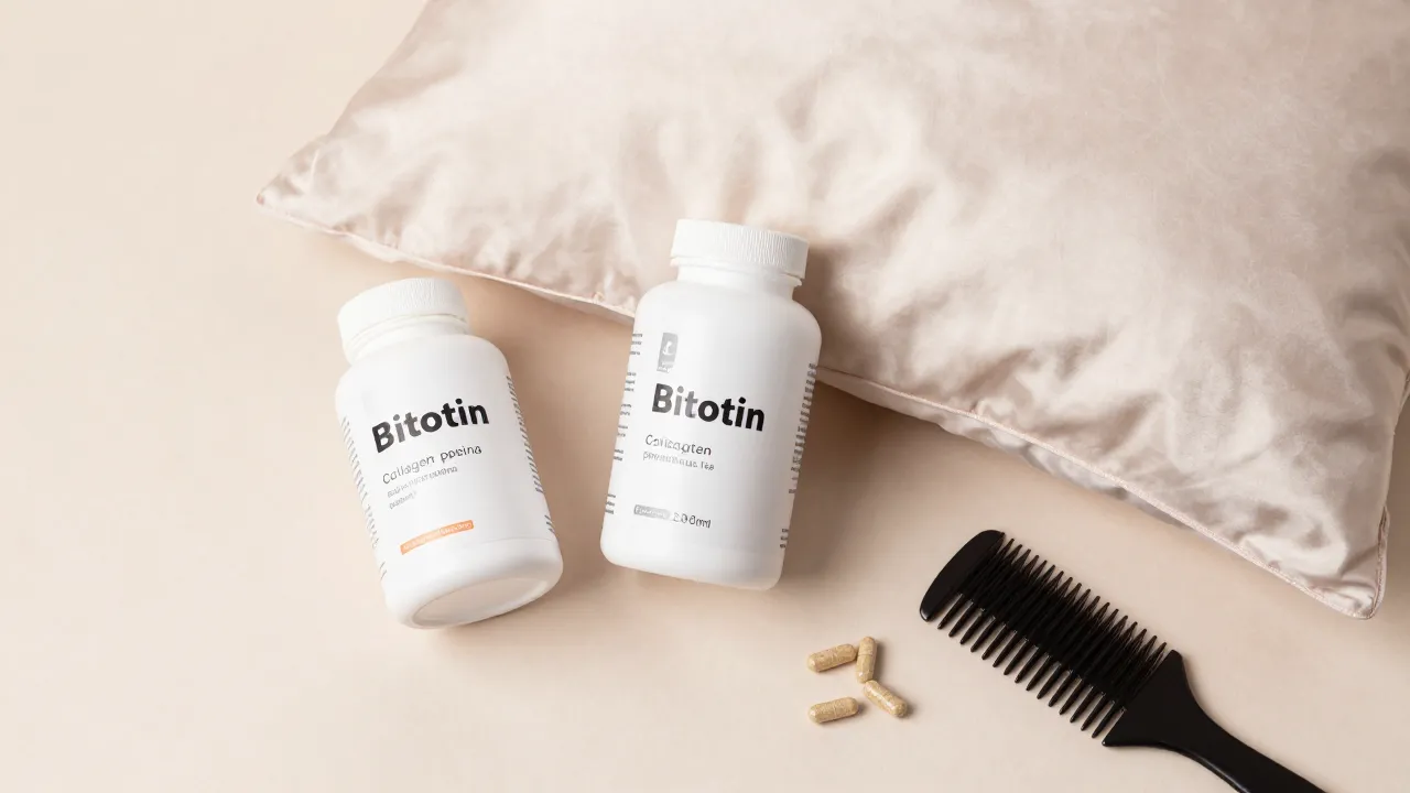 Hair health supplements with biotin, collagen peptides, and hair vitamins alongside silk pillowcase and comb