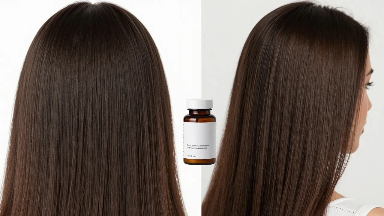 Hair thickness comparison with supplement bottles in center, hair growth journey editorial