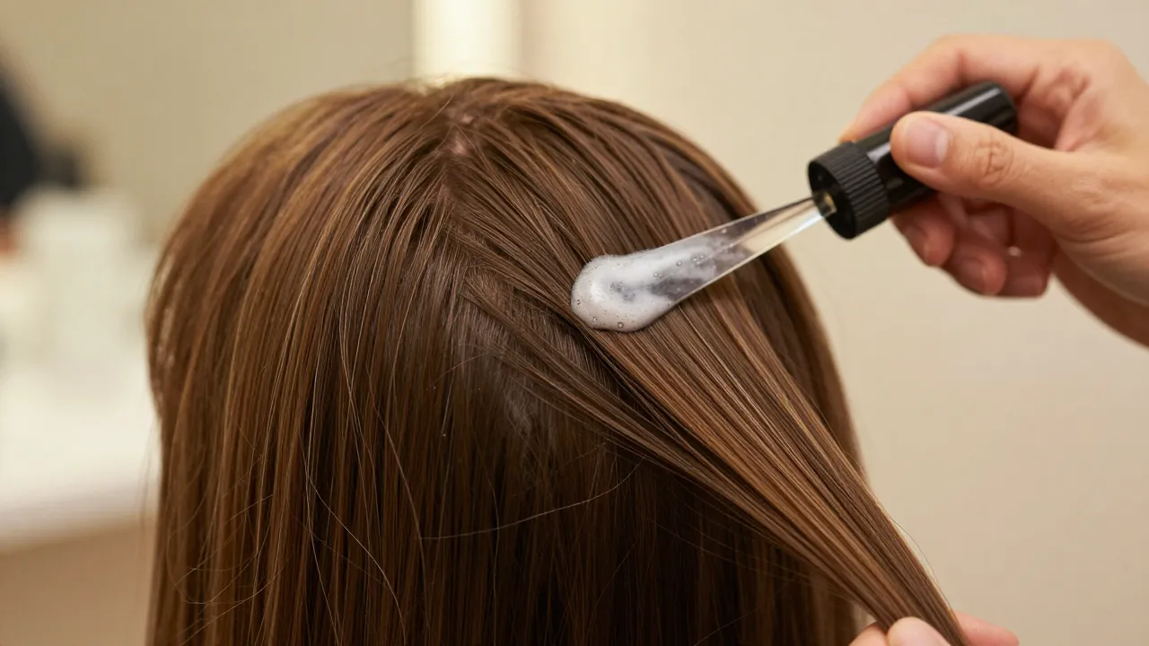 Hair treatment product being applied showing silky texture with warm salon lighting