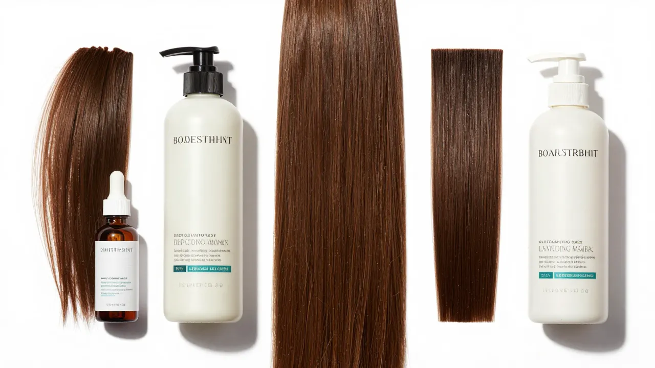 Complete hair repair routine with bond treatment, deep conditioning mask, and leave-in serum