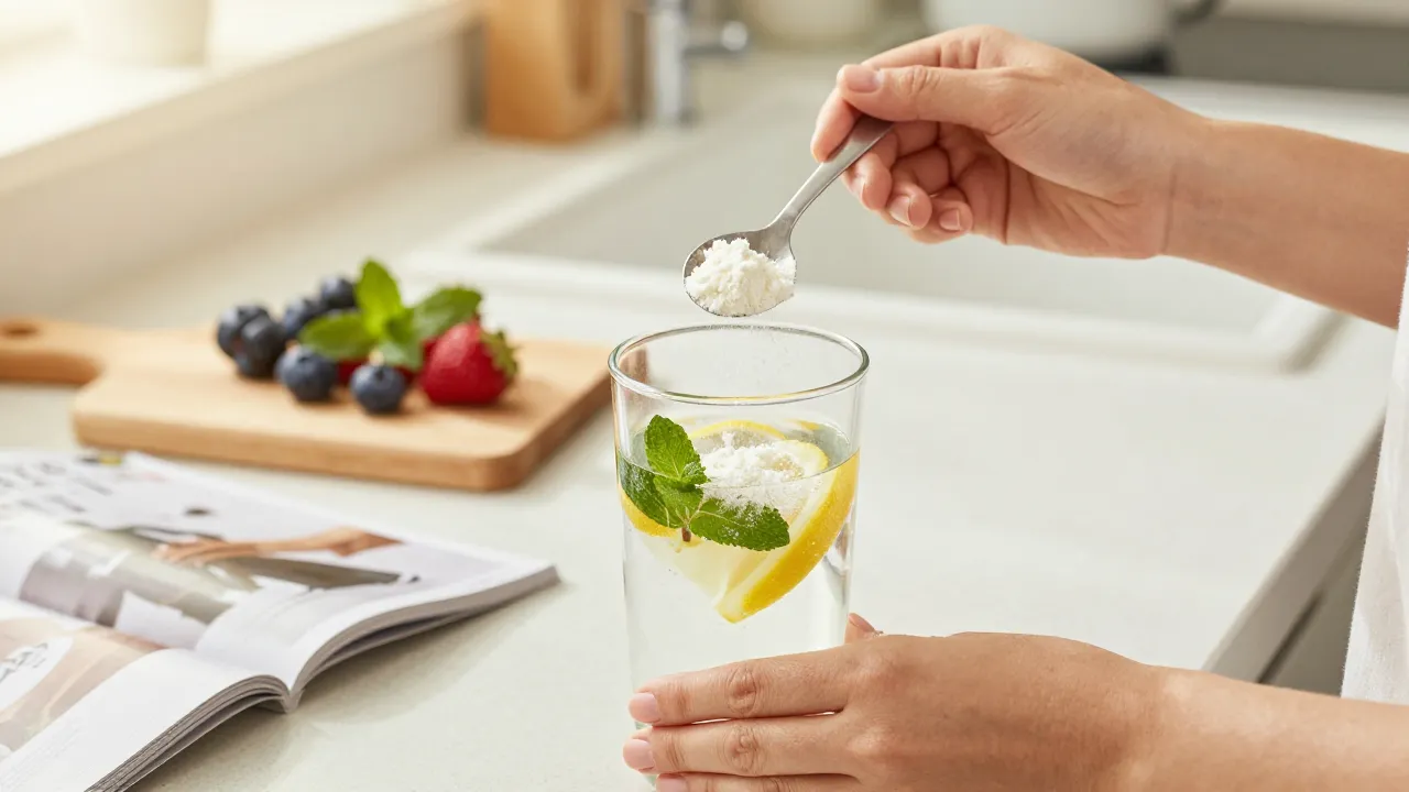 Hands spooning supplement powder into glass of water with mint and lemon on kitchen counter