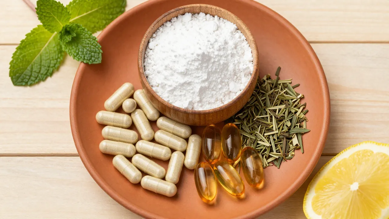 PCOS wellness flat-lay with inositol powder, spearmint tea, evening primrose capsules, and berries on pink linen