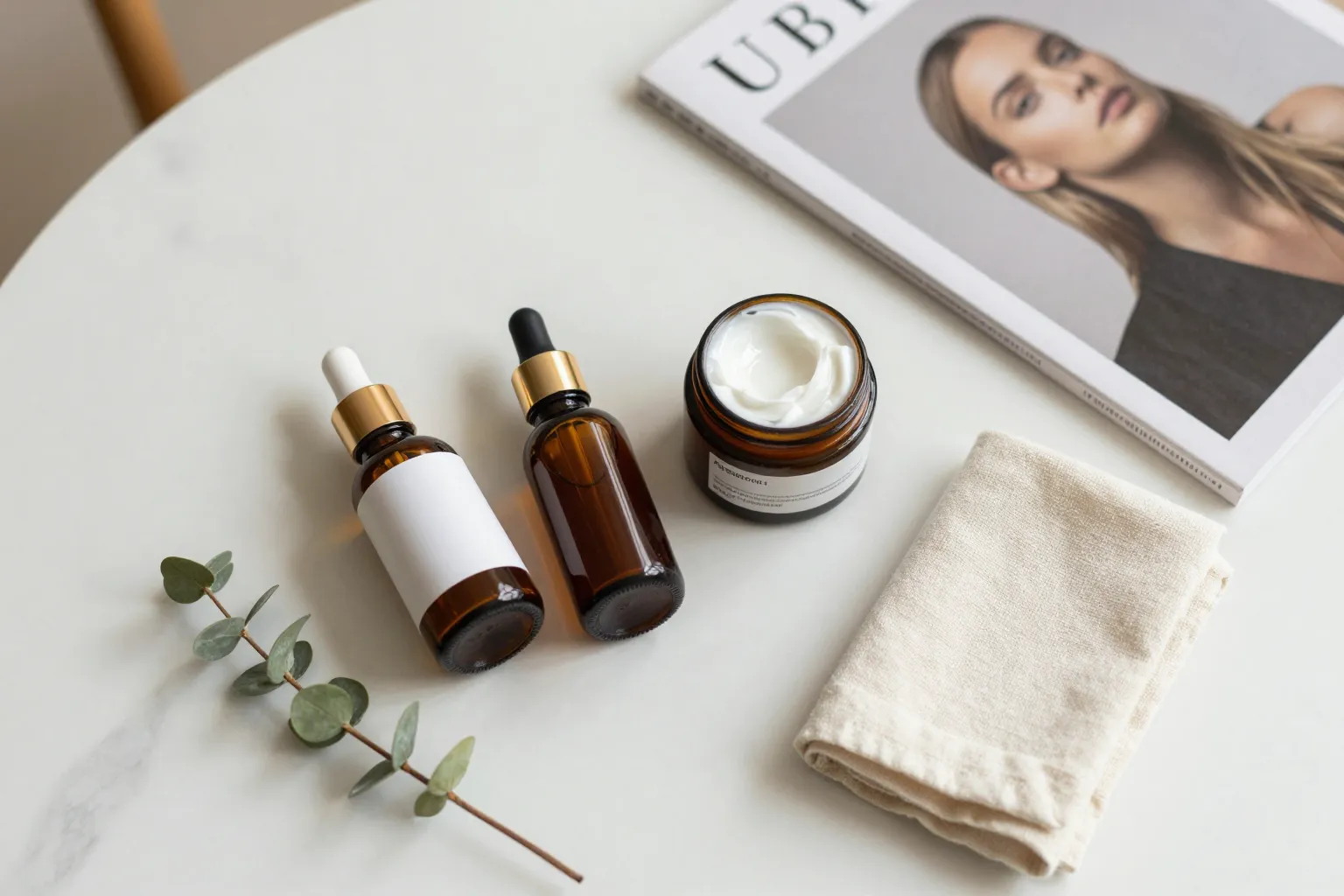 Retinol and peptide serums in a complete anti-aging skincare routine on marble counter