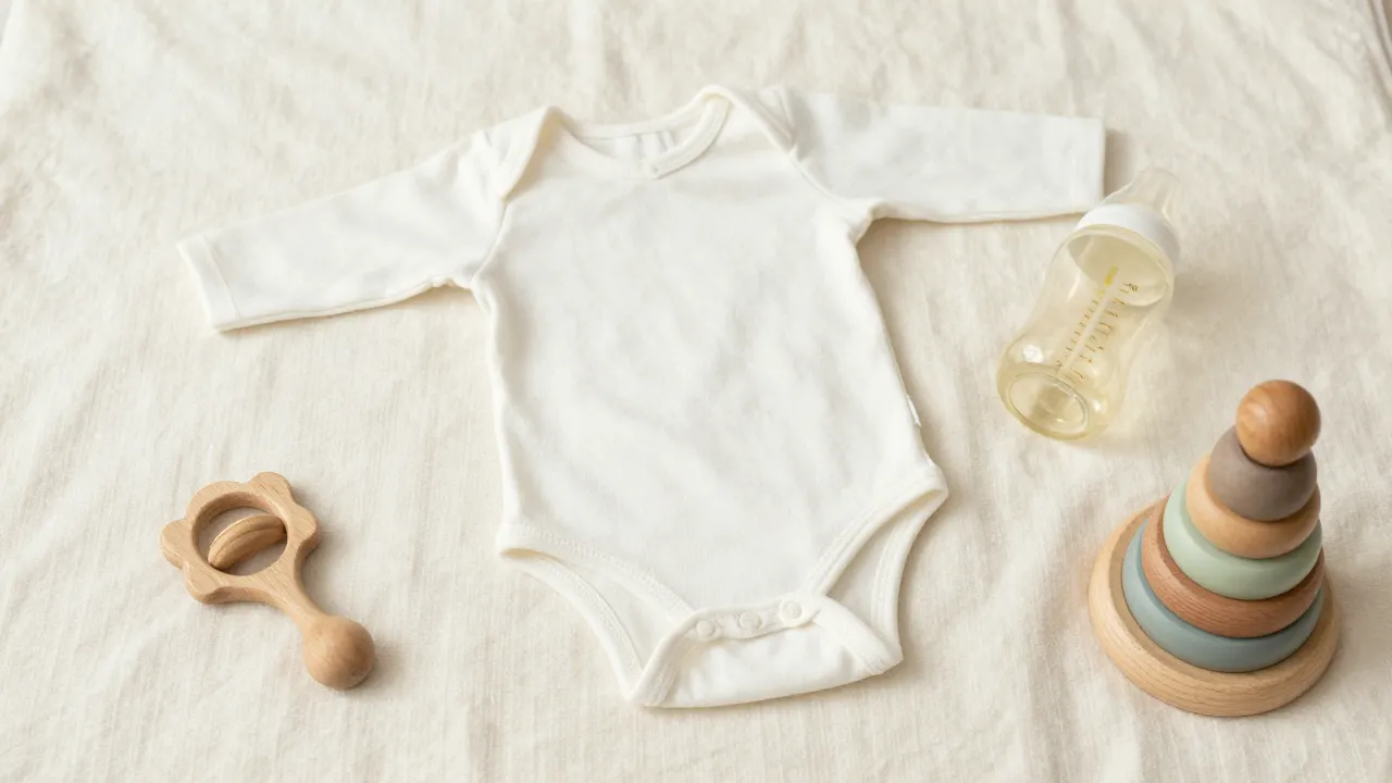 Plastic-free nursery essentials on organic cotton blanket with soft pastel tones
