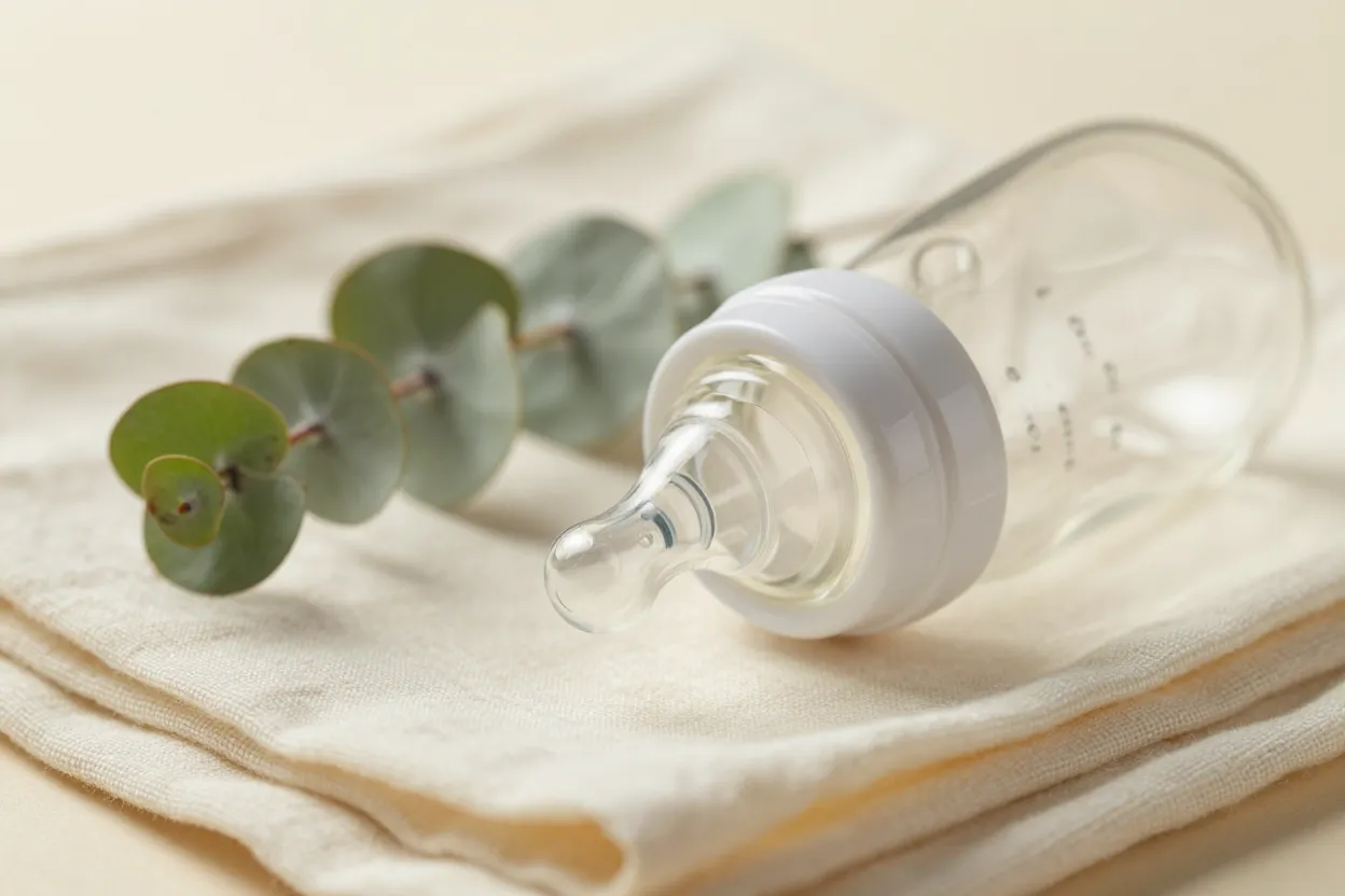 Macro close-up of clear borosilicate glass baby bottle on folded cream linen with eucalyptus sprig and silicone nipple detail