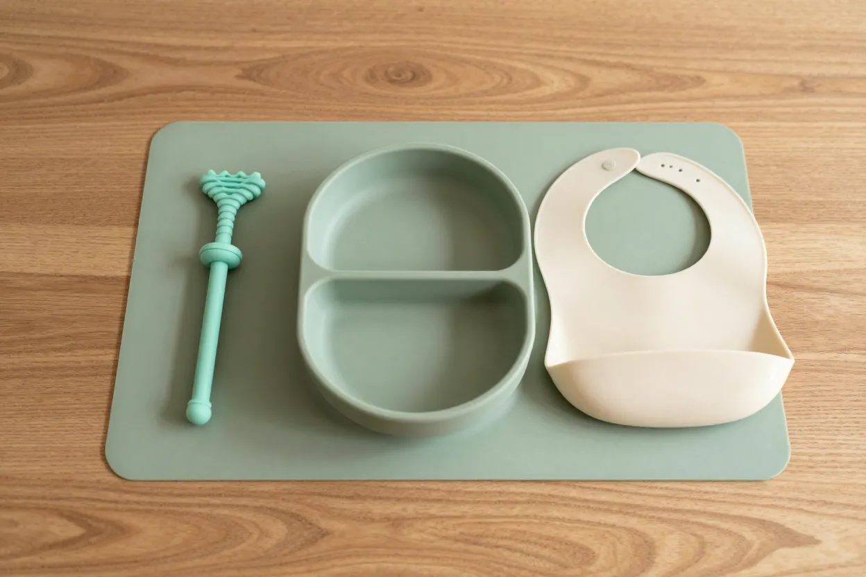 Overhead of sage-green silicone suction placemat with three compartments on natural oak table, silicone teething straw and folded bib alongside