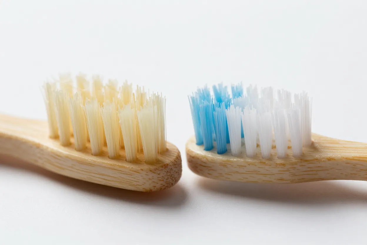 Side-by-side macro comparison of bamboo toothbrush versus plastic toothbrush bristles showing natural versus synthetic fibers