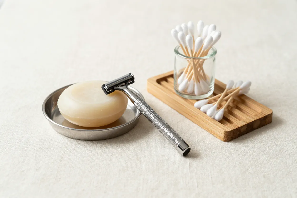 Morning bathroom routine spread: safety razor on stainless tray, shampoo bar on slatted wood, bamboo cotton swabs in glass jar