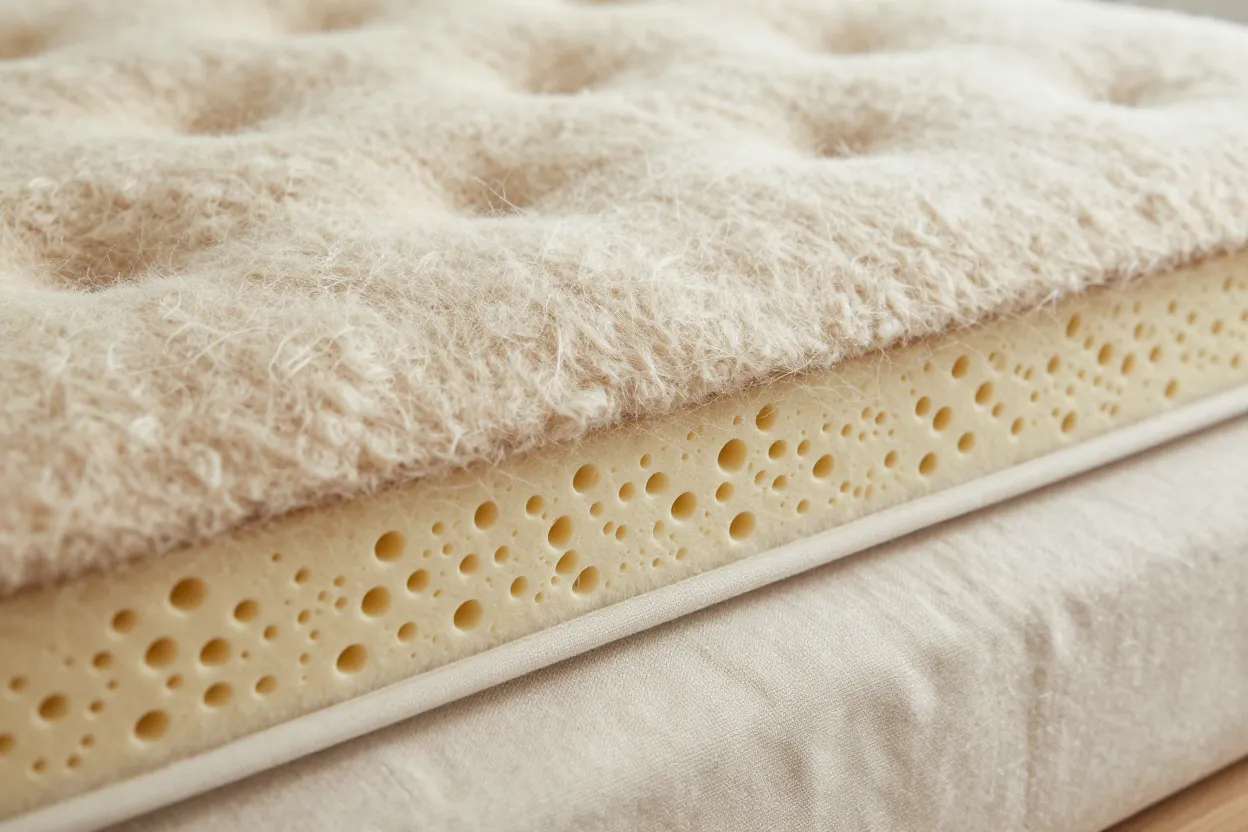 Close-up of hand-tufted wool and natural latex mattress topper on ivory linen sheet with visible Shropshire wool loft and Dunlop latex detail
