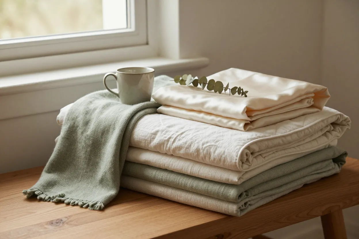 Folded stack of non-toxic bedroom textiles on warm oak bench — sage merino throw, organic cotton mattress protector, ivory silk pillowcase, ceramic tea mug and dried eucalyptus