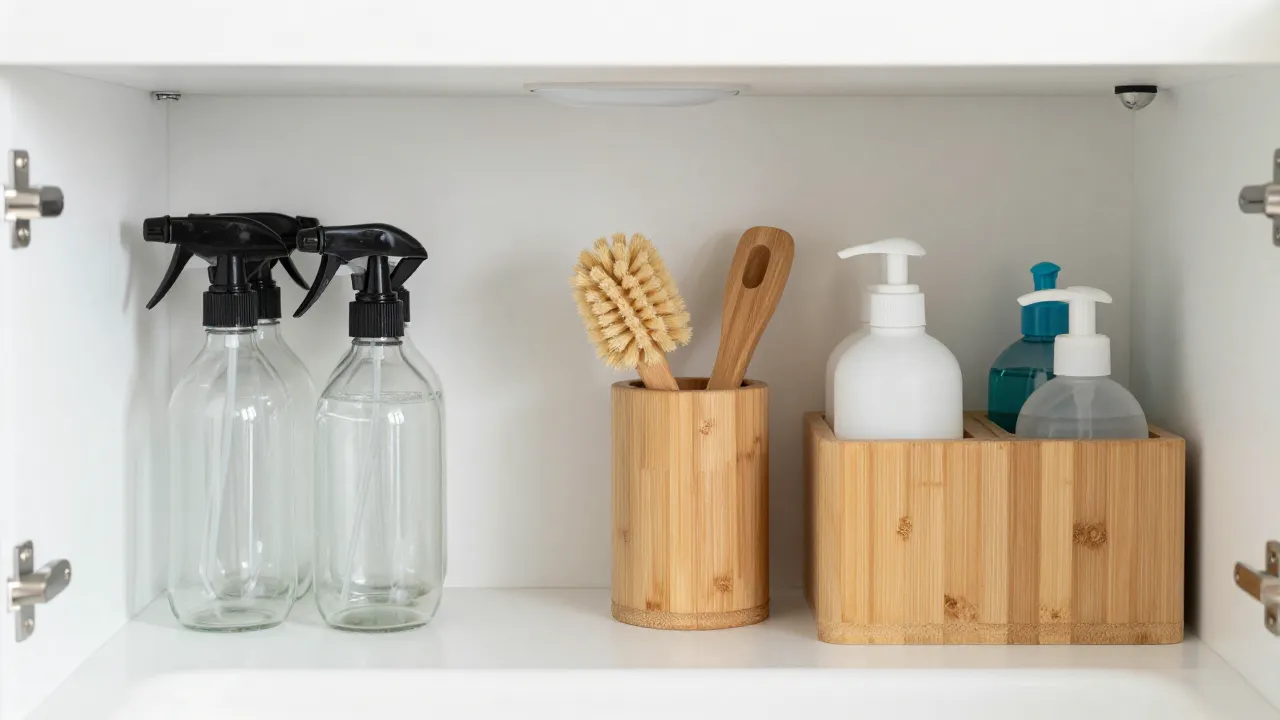 Under sink cabinet organized with glass spray bottles and natural cleaning supplies in bamboo bins