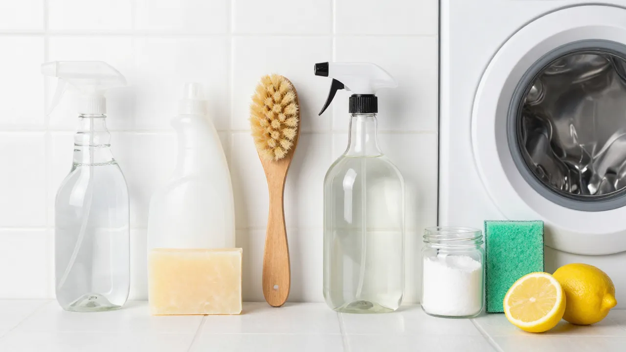Plastic-free cleaning products flat-lay: glass spray bottles, castile soap, wooden brush, and natural sponges