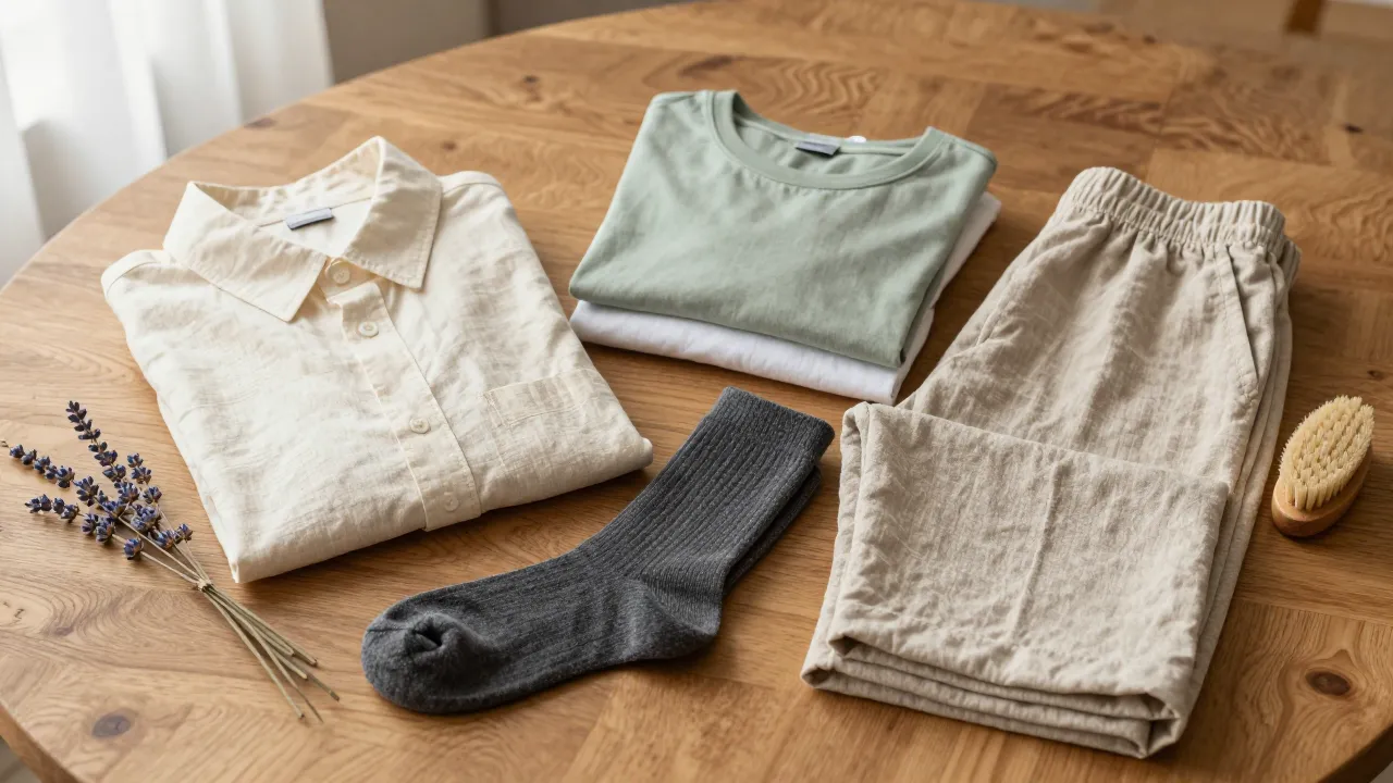 Flatlay of natural-fiber clothing on oak table — cream linen button-down, folded organic cotton tees in sage and white, charcoal merino wool socks, oatmeal linen wide-leg pants with dried lavender sprig