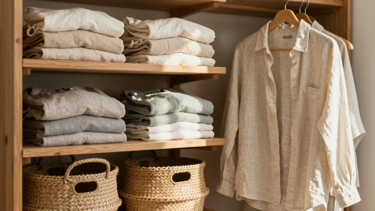 Open linen closet with wooden shelves of folded natural-fiber clothing in cream, sage and grey, seagrass baskets below, and a linen shirt on a wooden hanger in soft window light