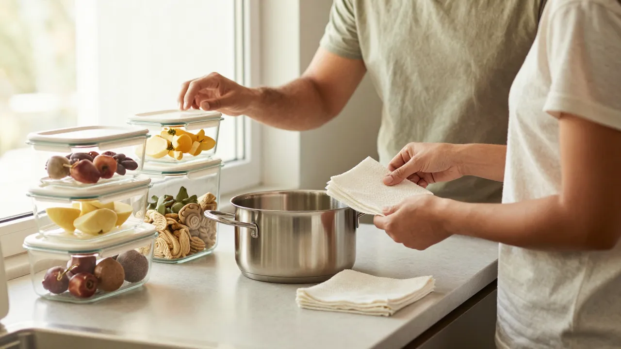 Couple reviewing natural fertility-safe household products on kitchen counter in morning light