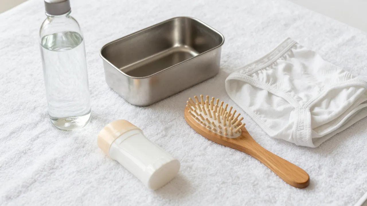 Fertility-safe products on soft white towel: glass water bottle, stainless steel container, organic cotton items