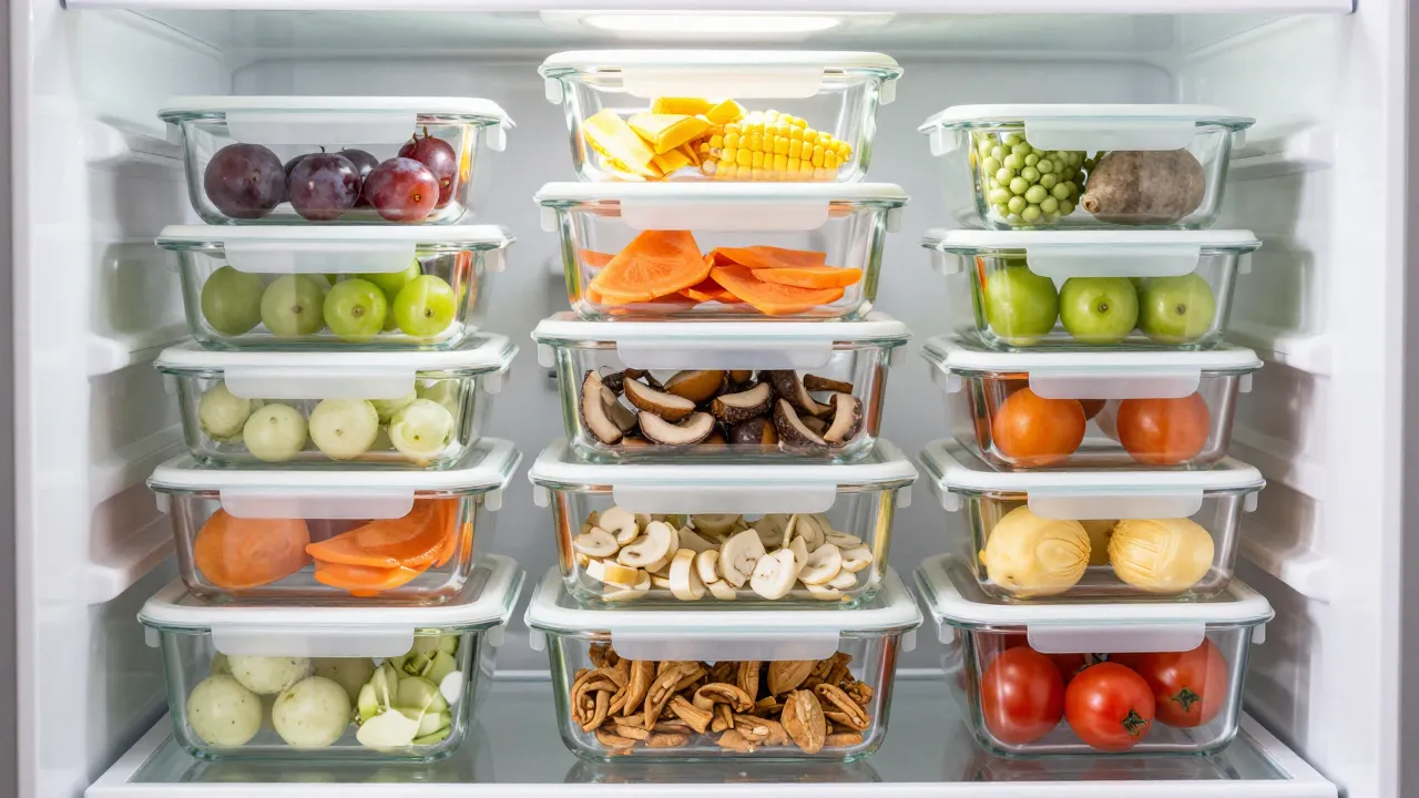 Glass meal prep containers stacked neatly in refrigerator with colorful prepared meals visible