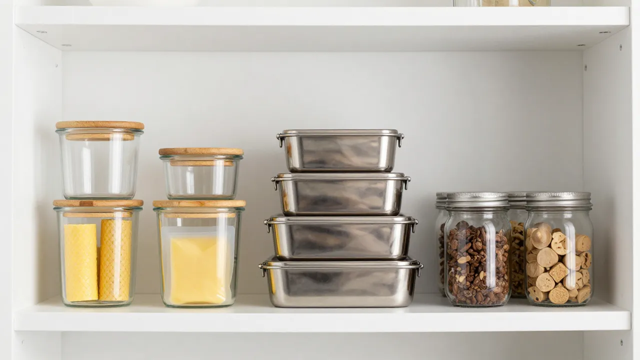 Organized plastic-free food storage: glass containers with bamboo lids, stainless steel boxes, beeswax wraps