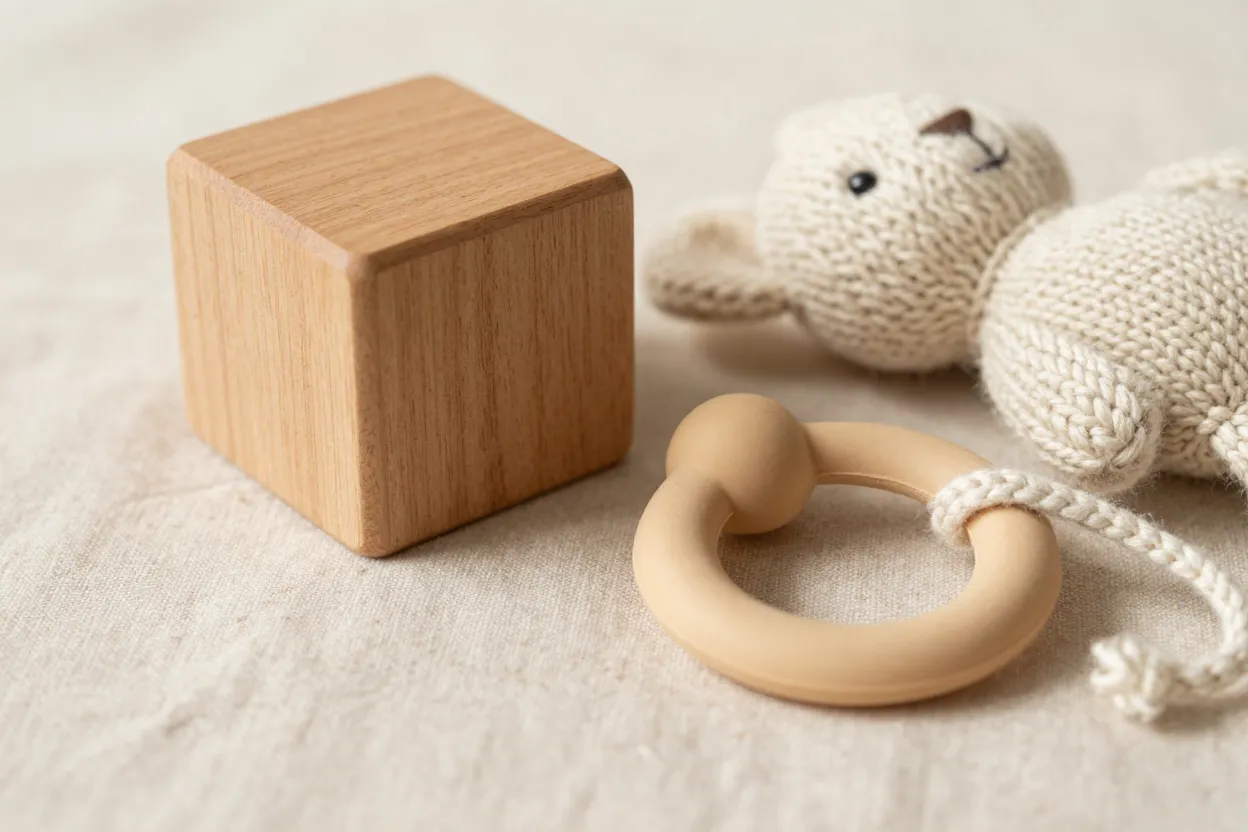 Close-up of wooden and silicone toy textures showing durability and non-toxic materials