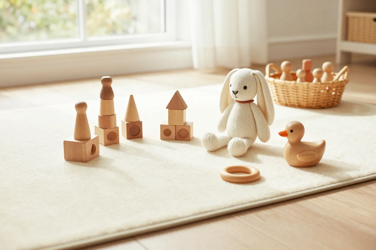 Non-plastic toy alternatives for children arranged on play mat—wooden blocks, silicone toys, natural rubber