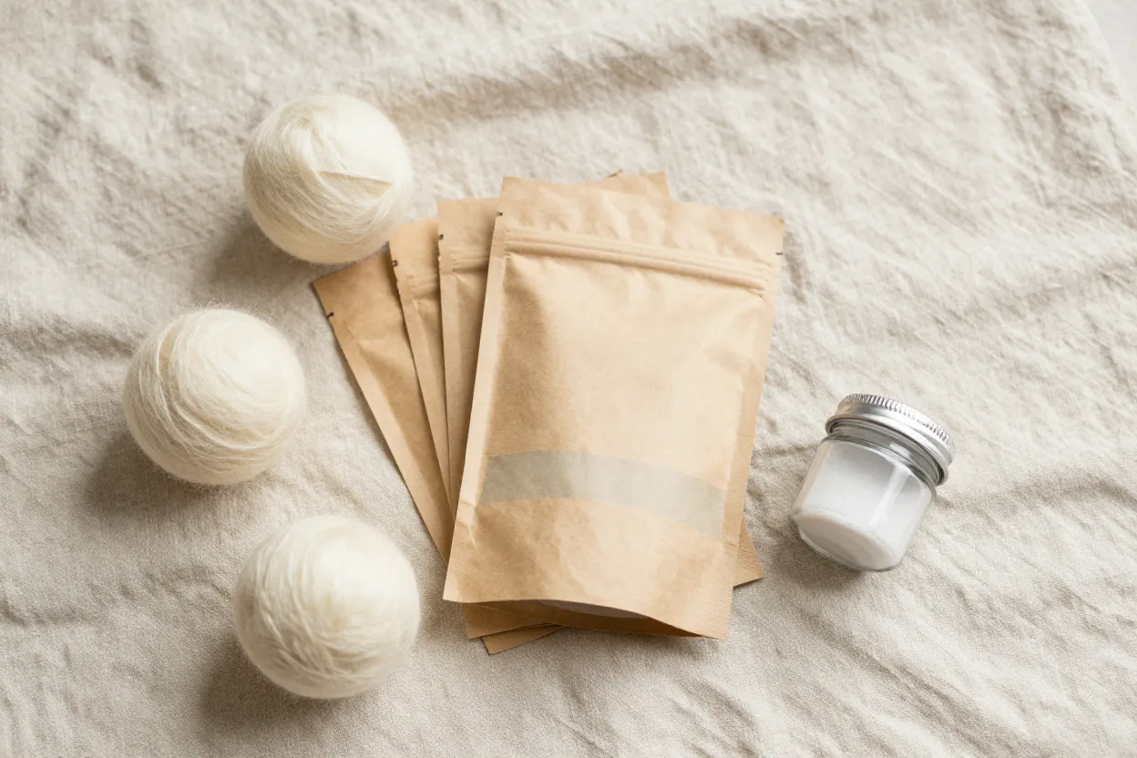 Overhead flat-lay of plastic-free laundry essentials — paper detergent pouches, cream wool dryer balls, glass tablet jar on natural linen
