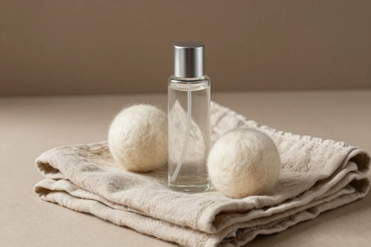 Glass refill bottle with aluminum cap beside two cream wool dryer balls on folded oat linen hand towel in warm natural light
