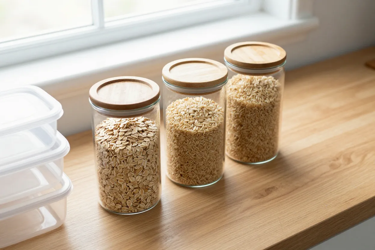 Clear glass food storage jars with bamboo lids next to plastic food containers on an oak counter