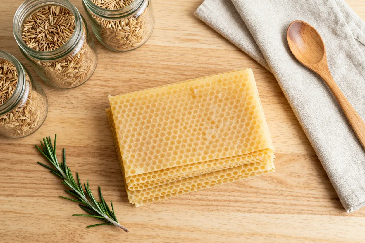 Stacked beeswax wraps, glass grain jars, wooden spoon, and rosemary sprig on a pale oak board