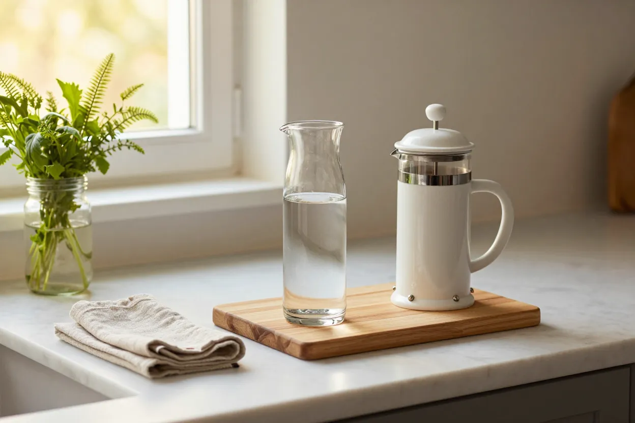 Glass water bottle, wooden cutting board, and ceramic French press on a marble kitchen counter at golden hour
