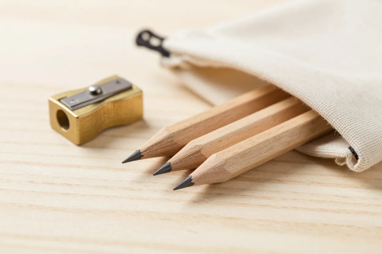 Sharpened wooden pencils, brass sharpener, and folded linen pouch on pale oak